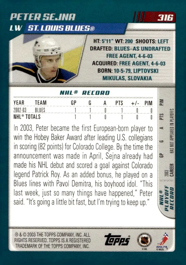 2003-04 Topps #316 Peter Sejna (back)