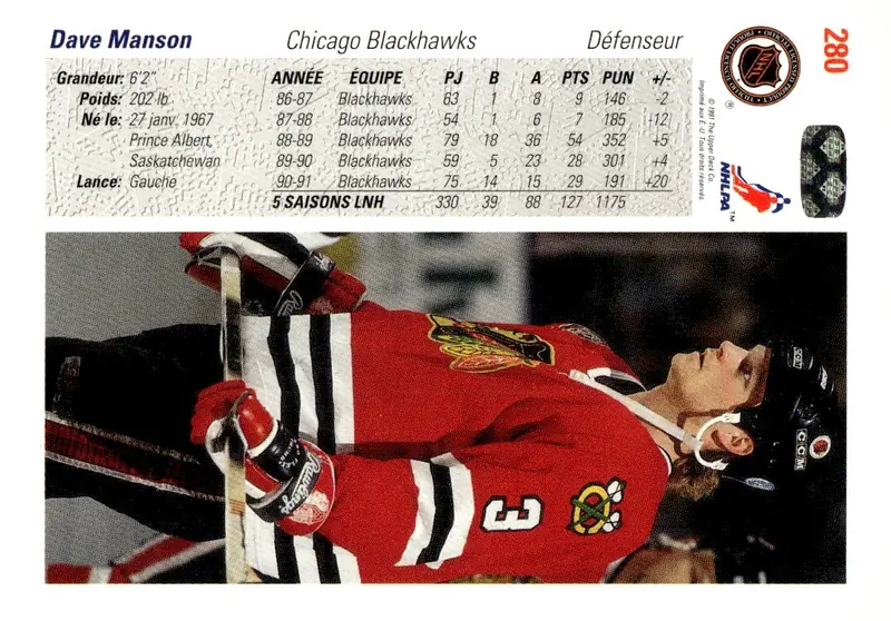 1991-92 Upper Deck French #280 Dave Manson – French (back)