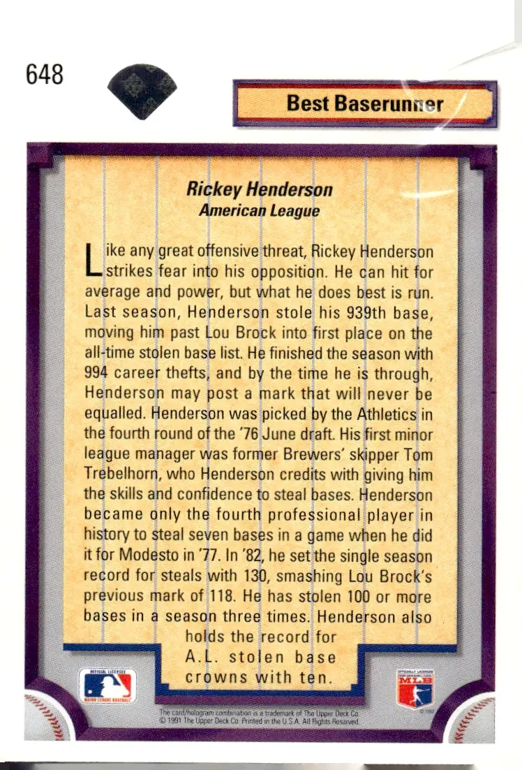 1992 Upper Deck #648 Rickey Henderson (back)