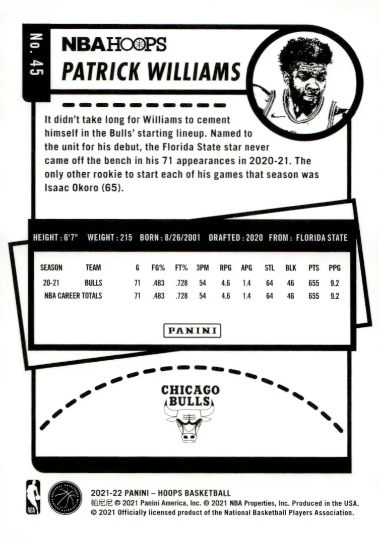 2021-22 NBA Hoops #45 Patrick Williams (back)