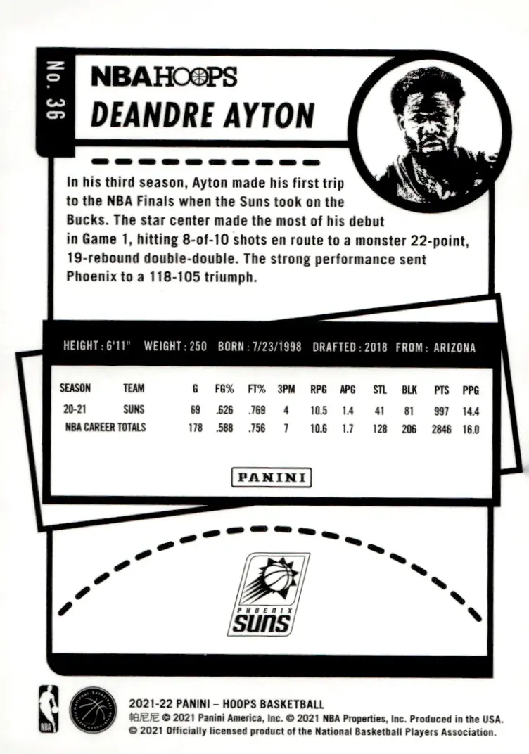 2021-22 NBA Hoops #36 Deandre Ayton (back)