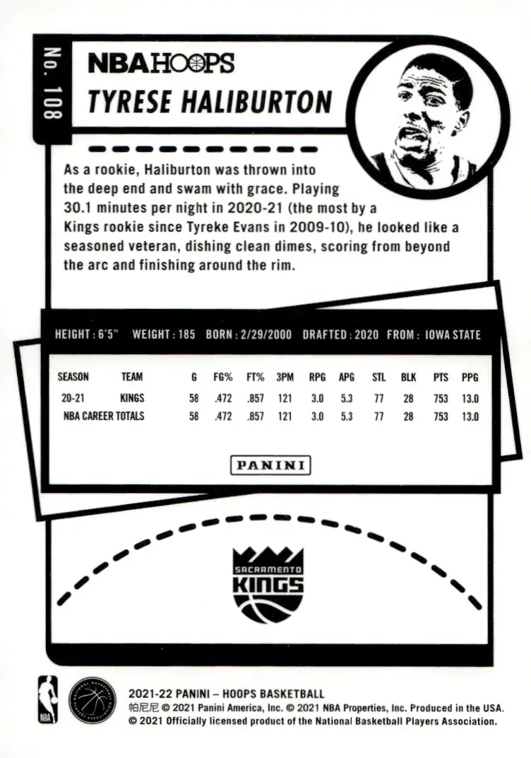 2021-22 NBA Hoops #108 Tyrese Haliburton (back)