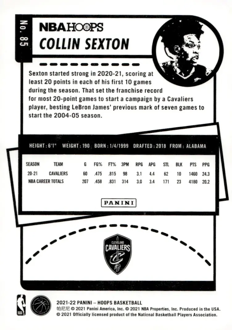 2021-22 NBA Hoops #85 Collin Sexton (back)