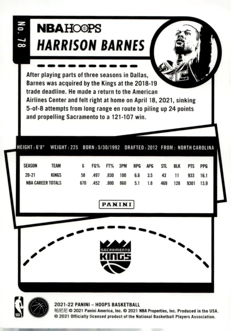 2021-22 NBA Hoops #78 Harrison Barnes (back)
