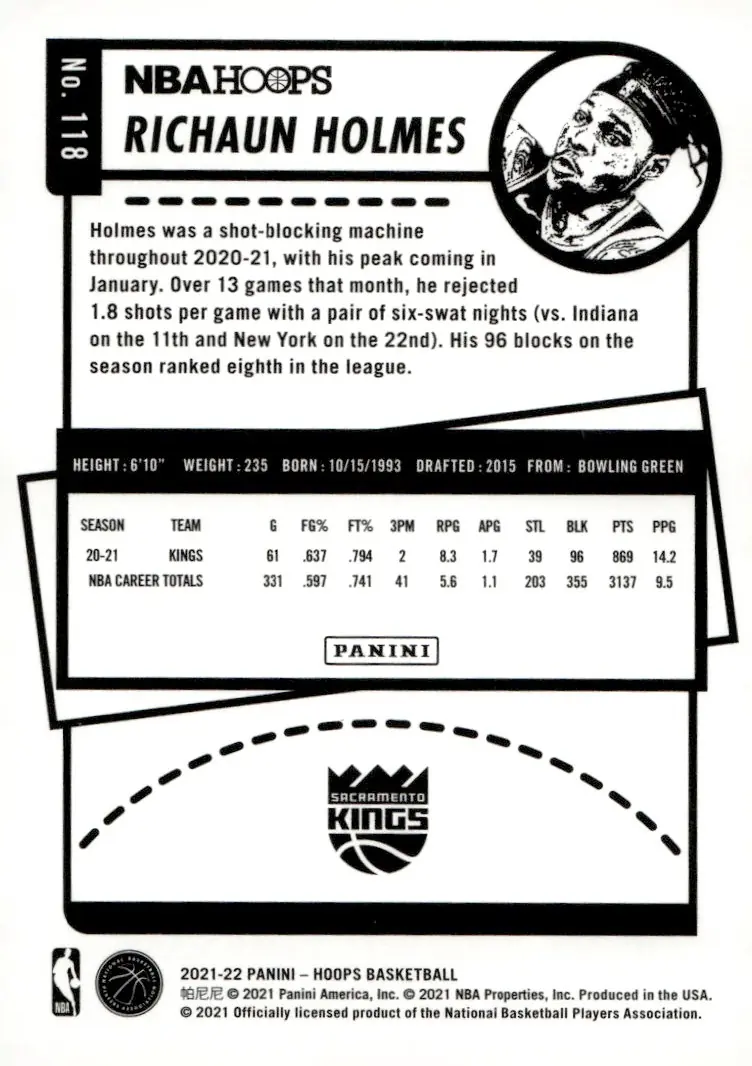 2021-22 NBA Hoops #118 Richaun Holmes (back)
