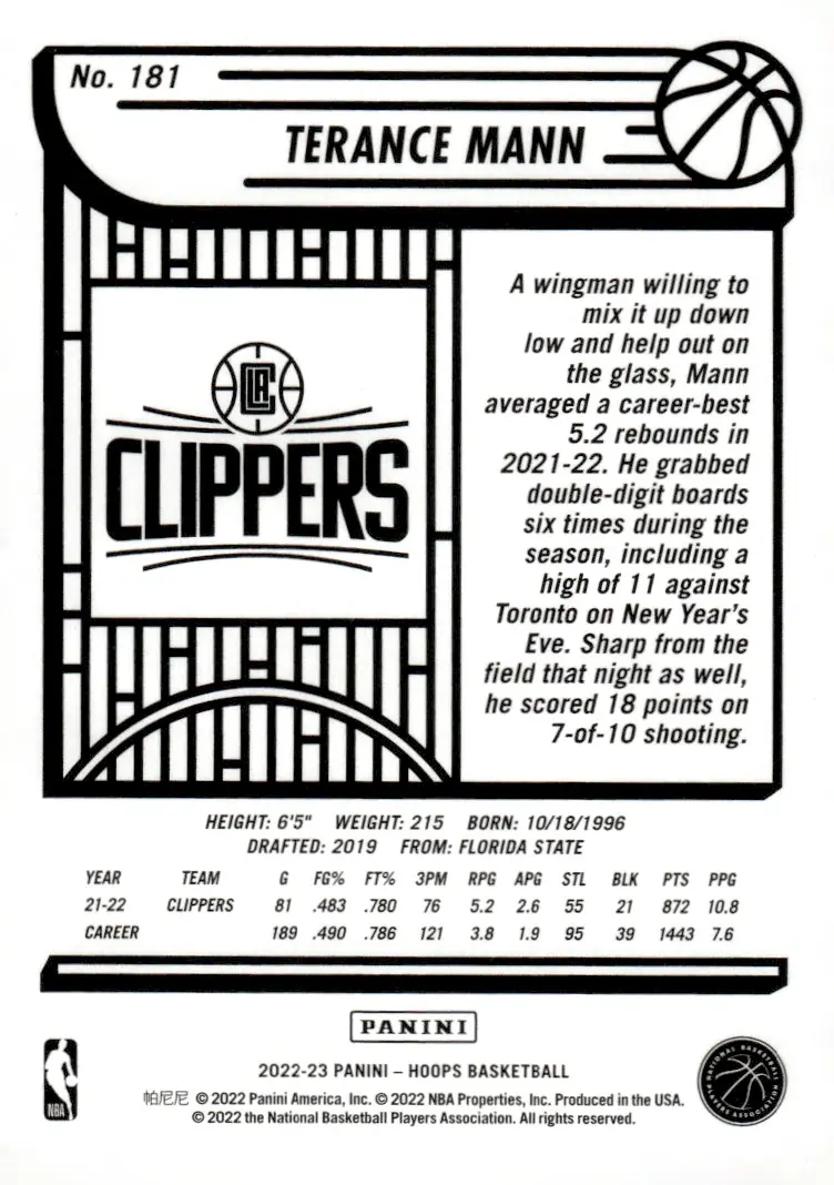 2022-23 NBA Hoops #181 Terance Mann (back)