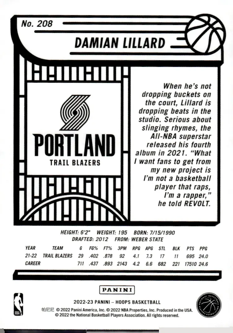 2022-23 NBA Hoops #208 Damian Lillard (back)