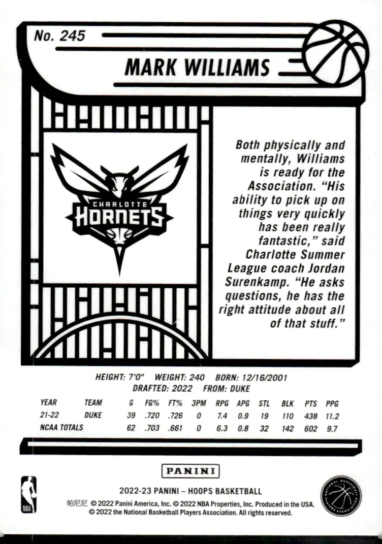 2022-23 NBA Hoops #245 Mark Williams (back)