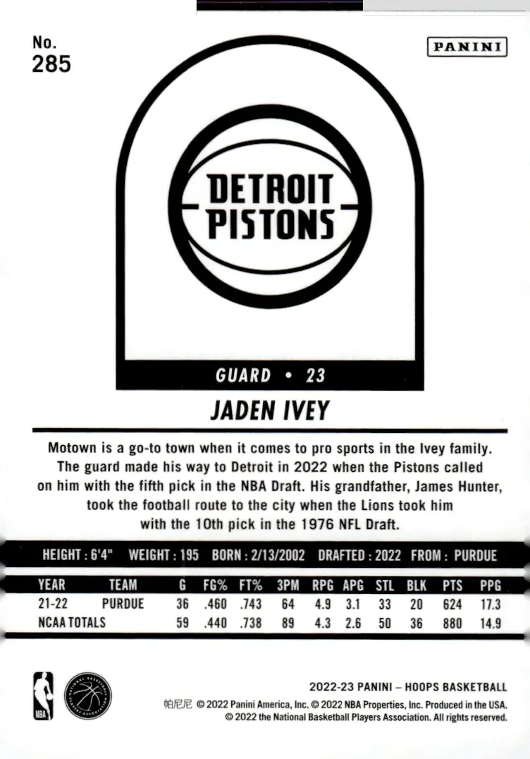 2022-23 NBA Hoops #285 Jaden Ivey (back)