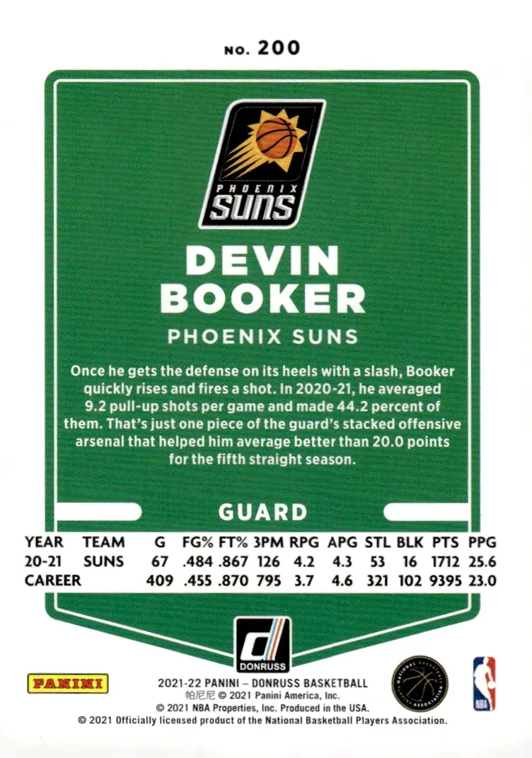 2021-22 Donruss Basketball #200 Devin Booker (back)