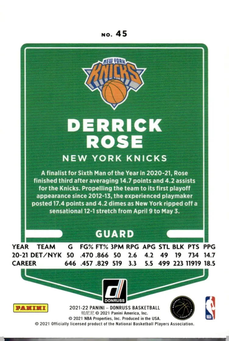 2021-22 Donruss #45 Derrick Rose (back)