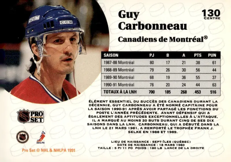 1991-92 Pro Set (French edition) #130 Guy Carbonneau – French-language edition (back)