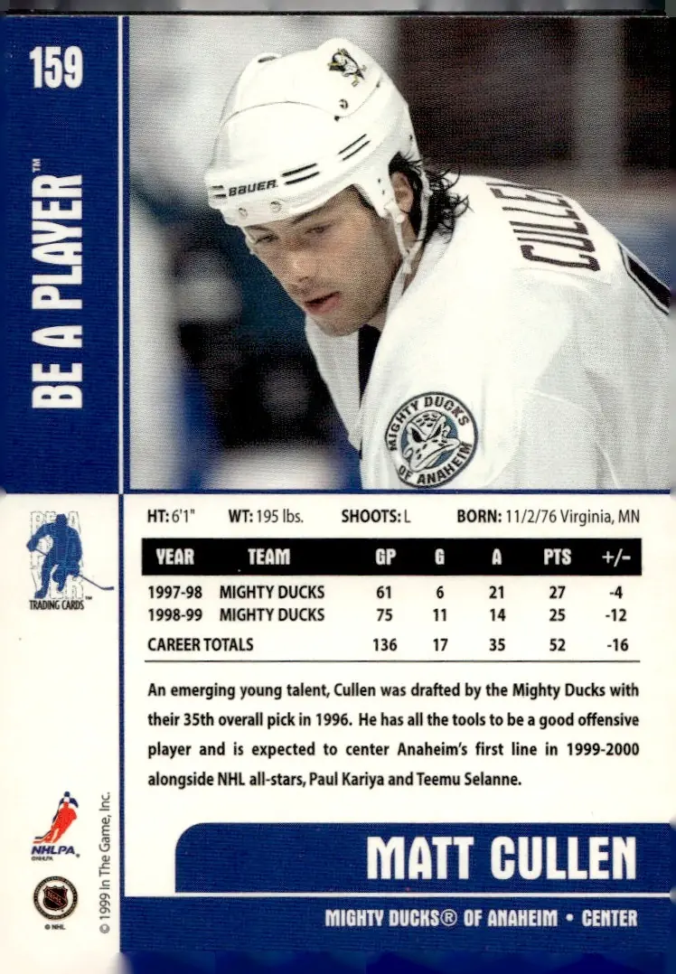 1999-00 Be A Player Memorabilia #159 Matt Cullen (back)