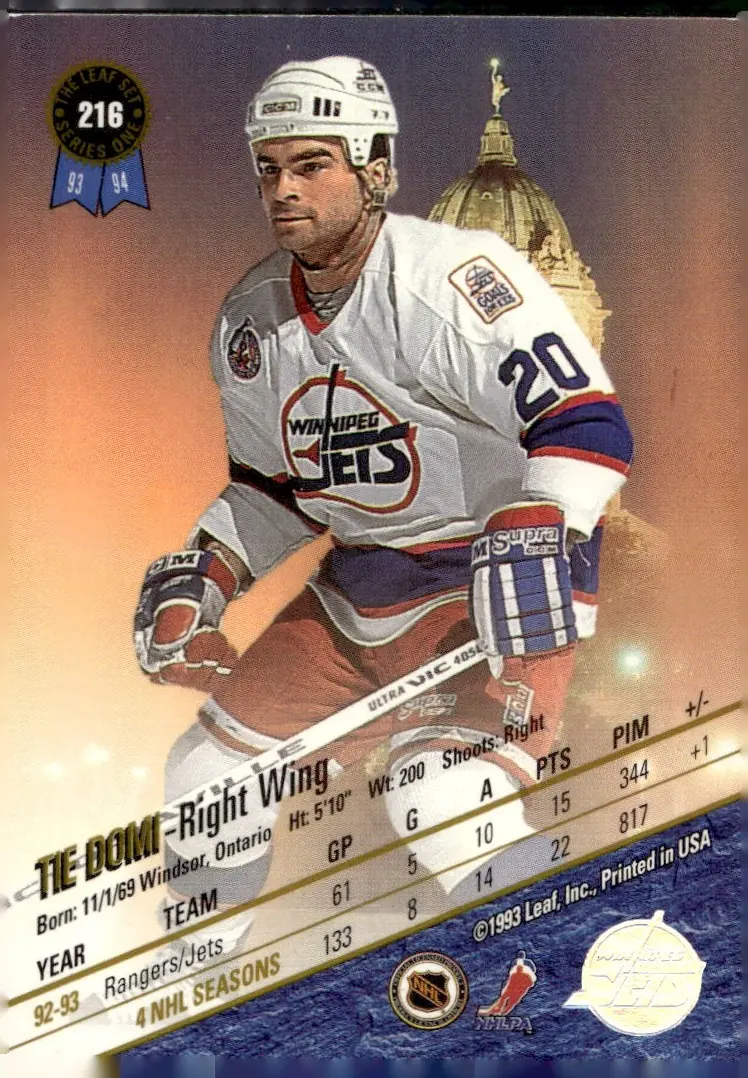 1993-94 Leaf #216 Tie Domi (back)