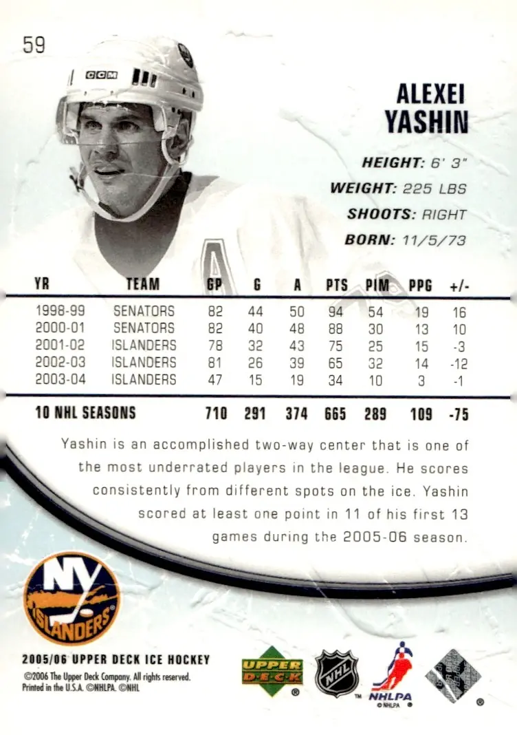 2005-06 Upper Deck Ice #59 Alexei Yashin (back)