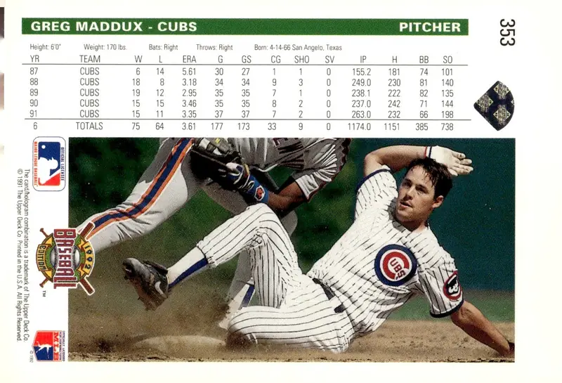 1992 Upper Deck Baseball #353 Greg Maddux (back)