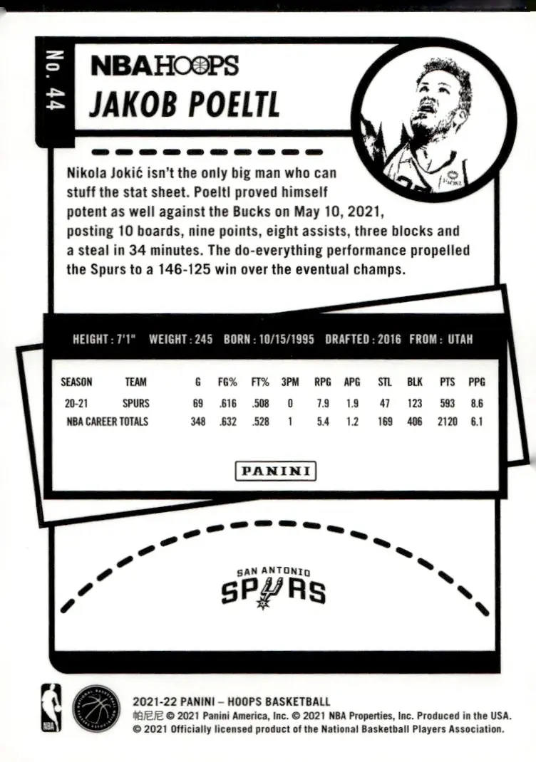 2021-22 NBA Hoops #44 Jakob Poeltl (back)