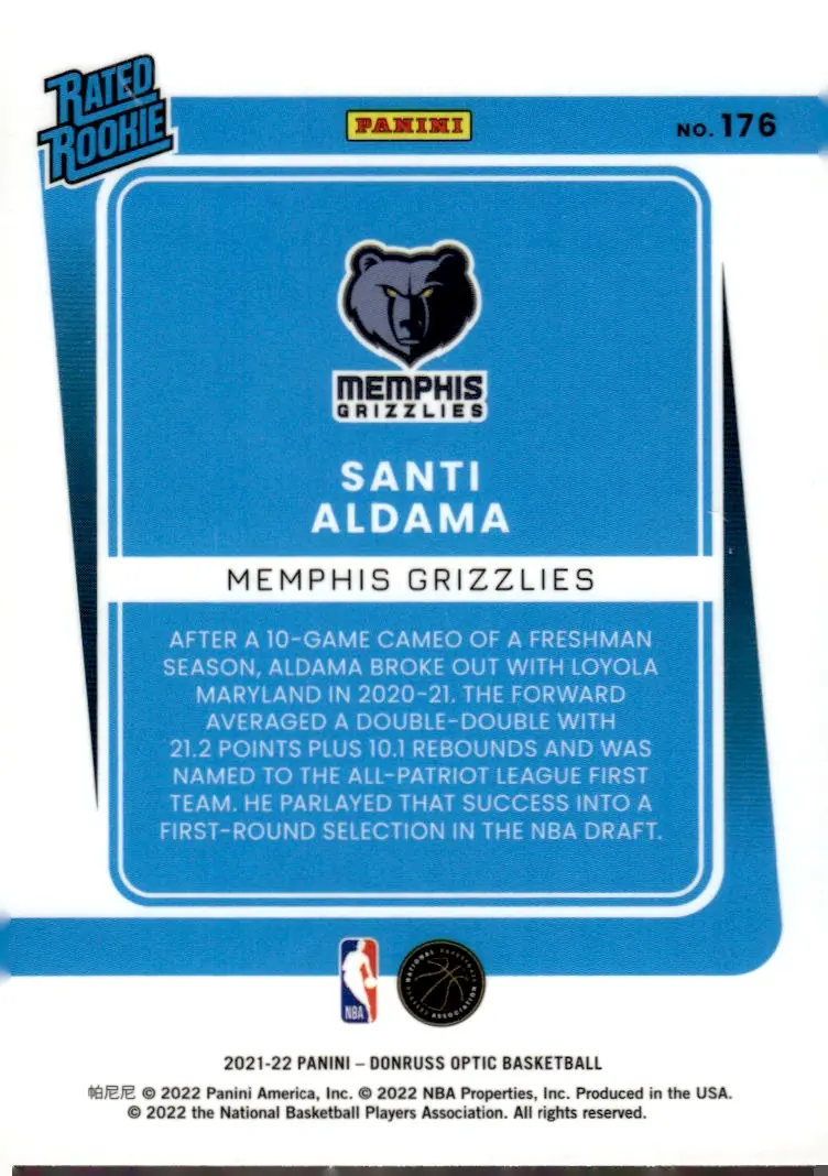 2021-22 Donruss Optic #176 Santi Aldama (back)