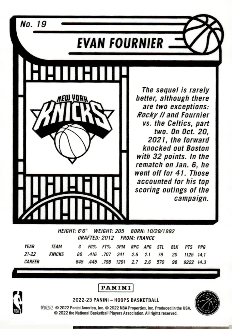 2022-23 NBA Hoops #19 Evan Fournier (back)