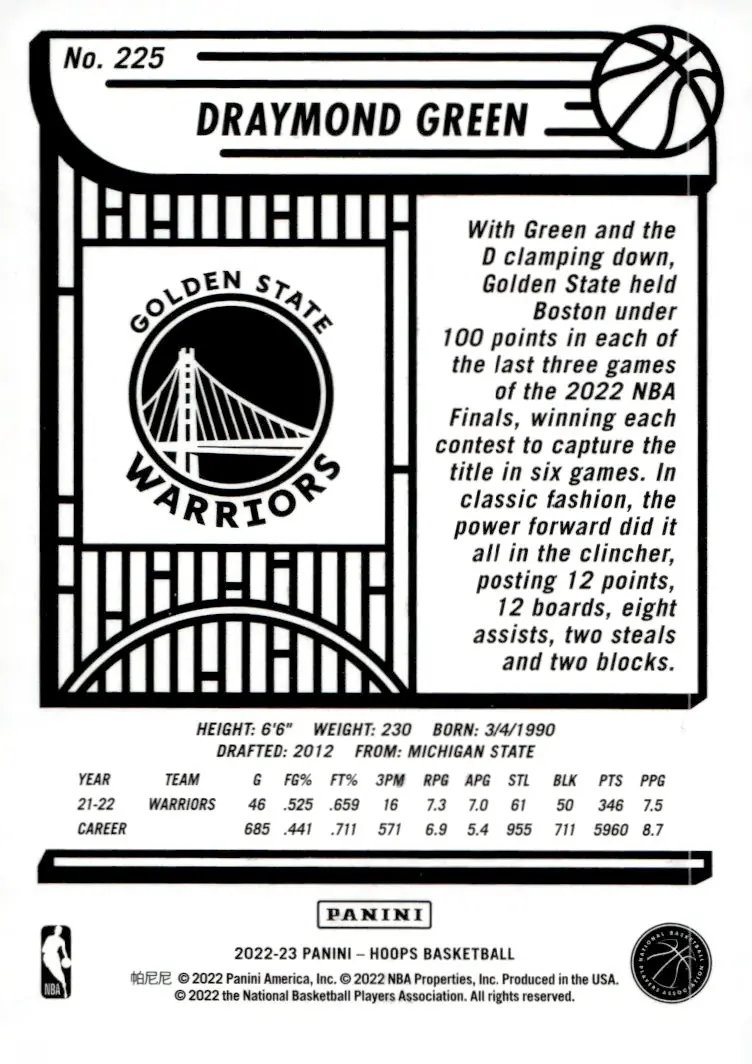 2022-23 NBA Hoops #225 Draymond Green (back)