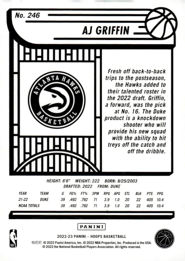 2022-23 NBA Hoops #246 AJ Griffin (back)