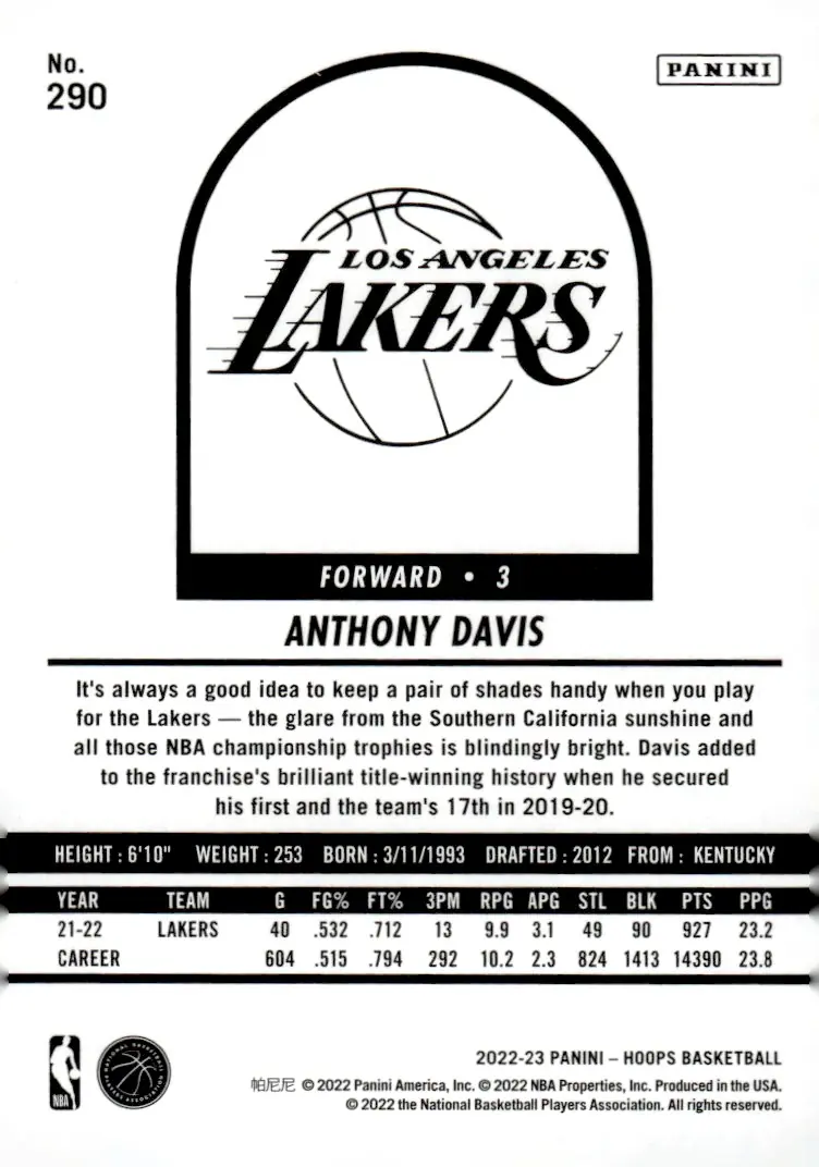 2022-23 NBA Hoops #290 Anthony Davis (back)