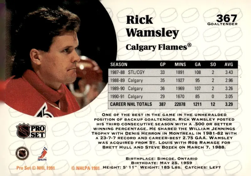 1991-92 Pro Set (Series 2) #367 Rick Wamsley (back)