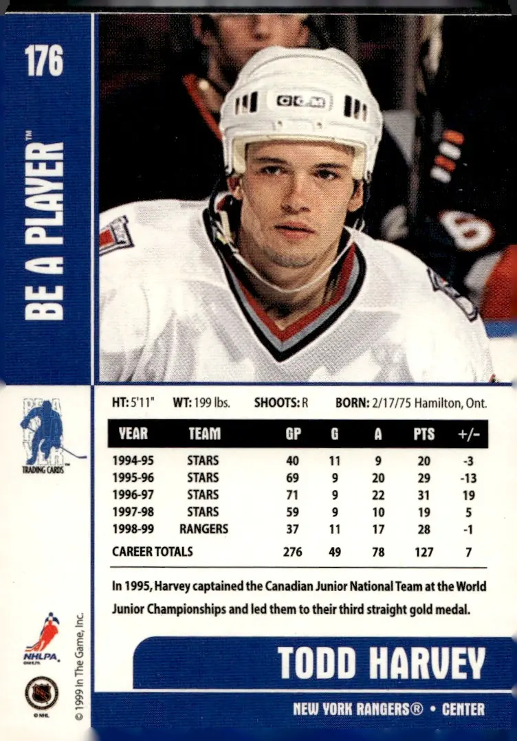 1999-00 Be A Player Memorabilia #176 Todd Harvey (back)