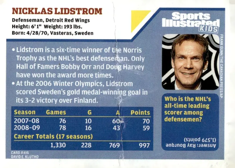 2009 Sports Illustrated for Kids (Multi-Sport) #416 Nicklas Lidstrom (back)