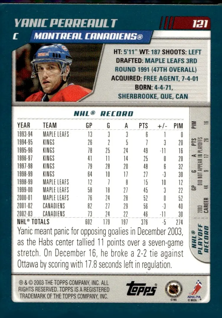 2003-04 Topps #121 Yanic Perreault (back)