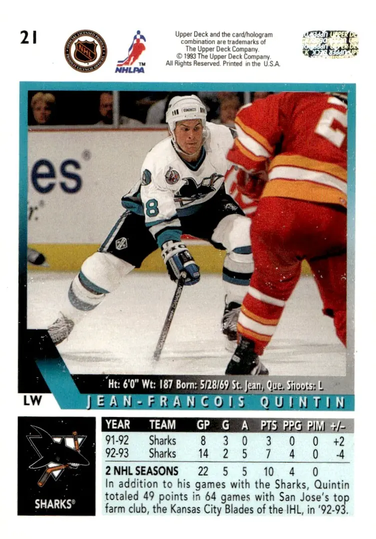 1993-94 Upper Deck #21 Jean-Francois Quintin (back)