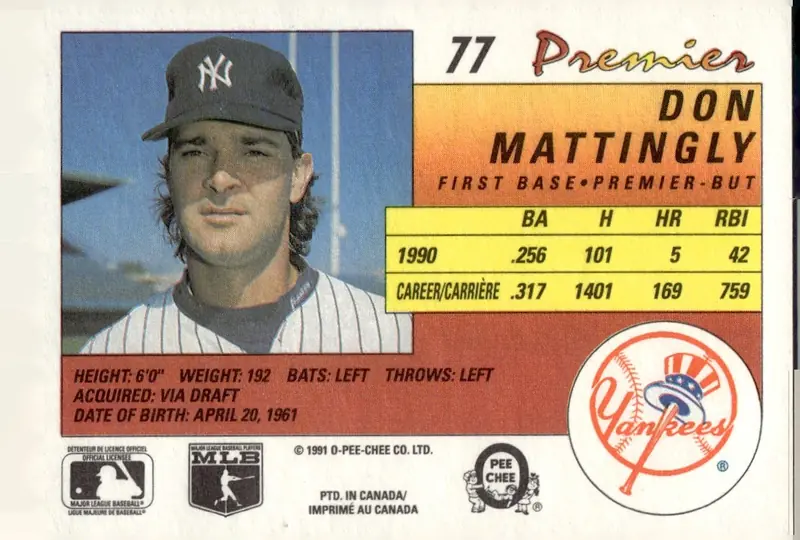 1991 O-Pee-Chee Premier #77 Don Mattingly (back)