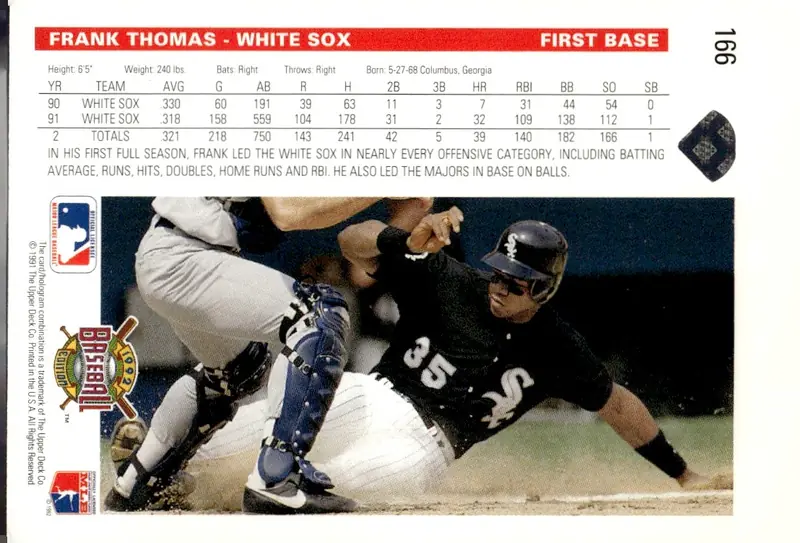 1992 Upper Deck #166 Frank Thomas (back)
