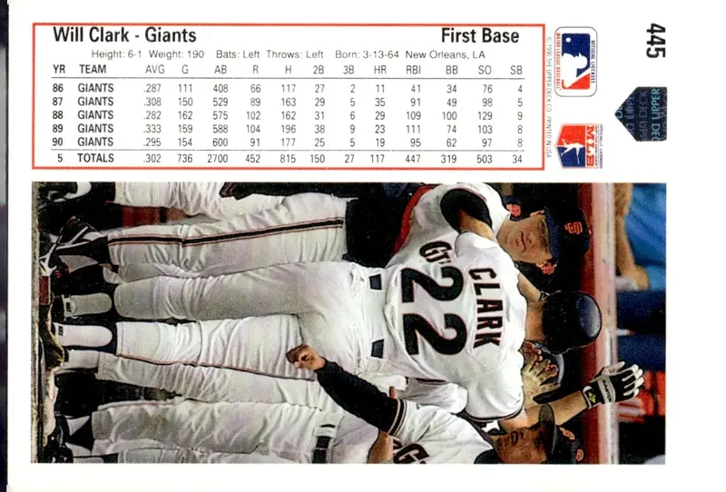 1991 Upper Deck #445 Will Clark (back)