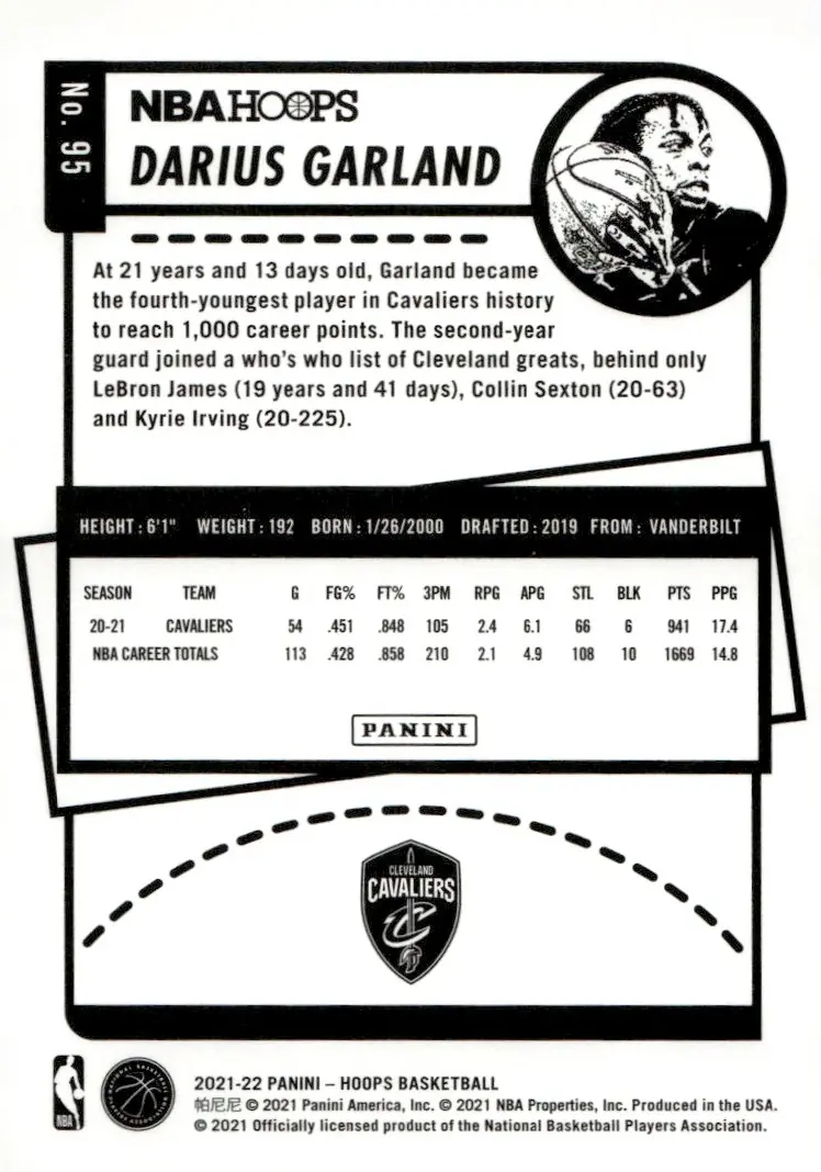 2021-22 NBA Hoops #95 Darius Garland (back)