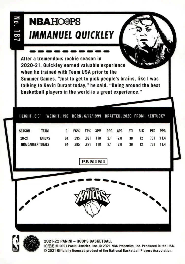 2021-22 NBA Hoops #187 Immanuel Quickley (back)