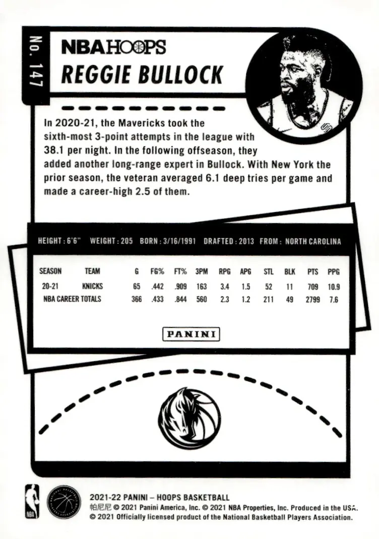 2021-22 NBA Hoops #147 Reggie Bullock (back)