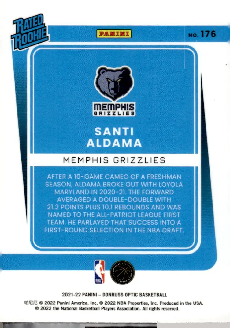 2021-22 Panini Donruss Optic Basketball #176 Santi Aldama (back)