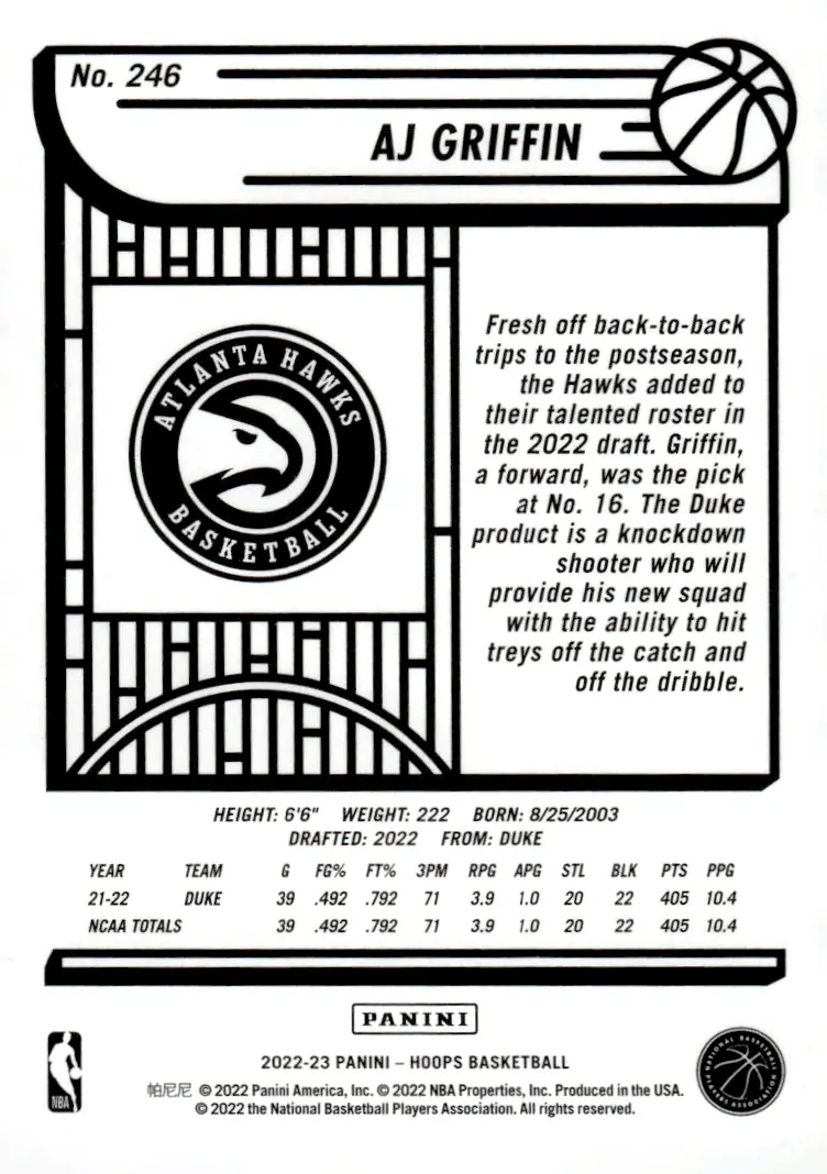 2022-23 NBA Hoops #246 AJ Griffin (back)