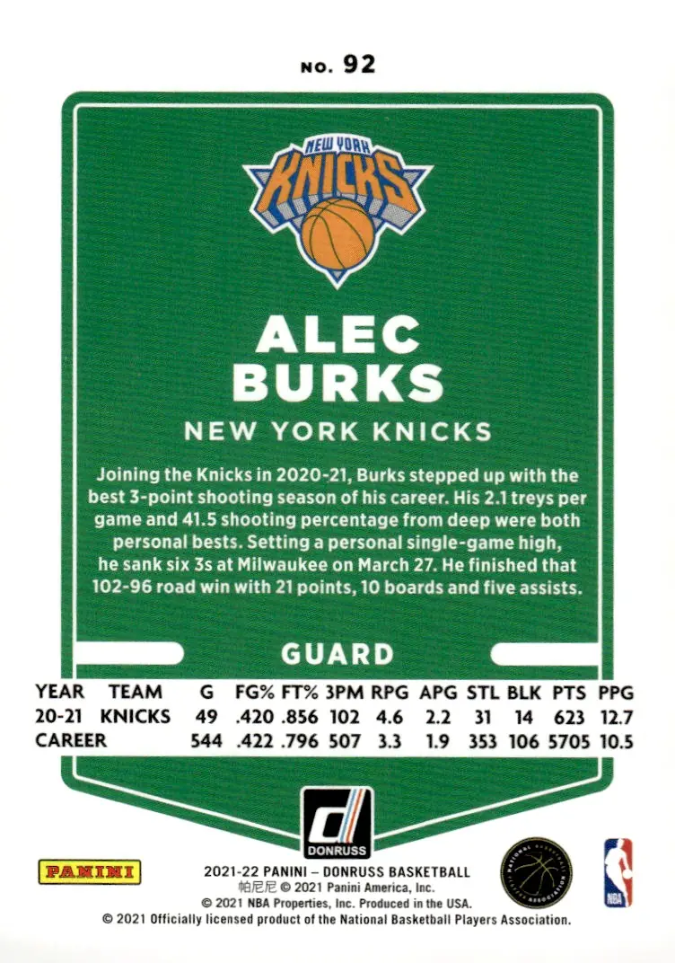 2021-22 Donruss #92 Alec Burks (back)