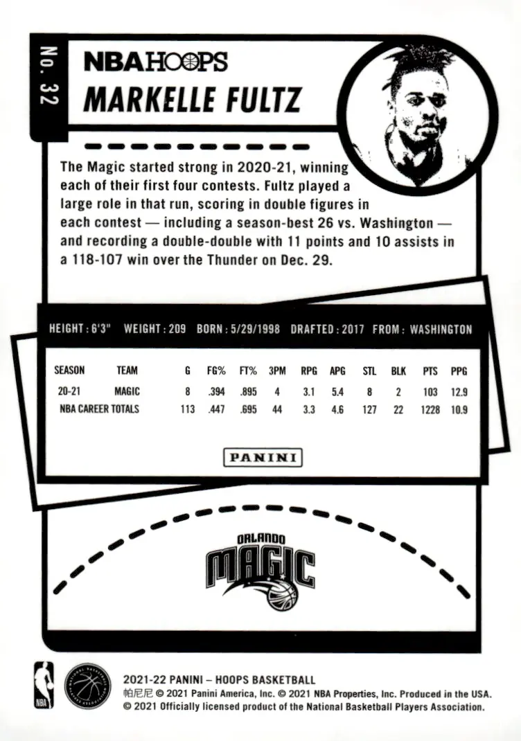 2021-22 NBA Hoops #32 Markelle Fultz (back)