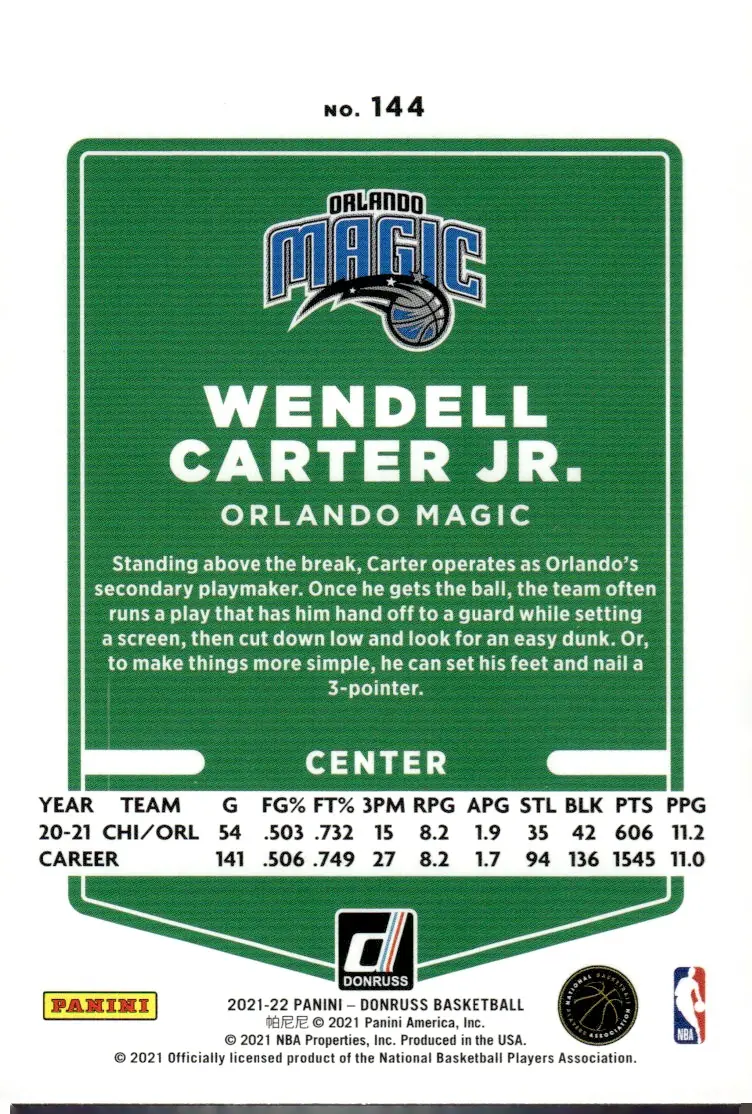2021-22 Donruss #144 Wendell Carter Jr. (back)
