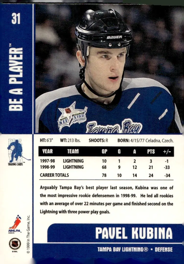 1999-00 Be A Player Memorabilia #31 Pavel Kubina (back)