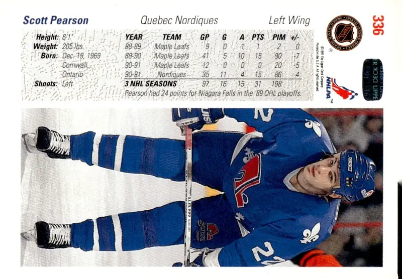 1991-92 Upper Deck #336 Scott Pearson – English (back)