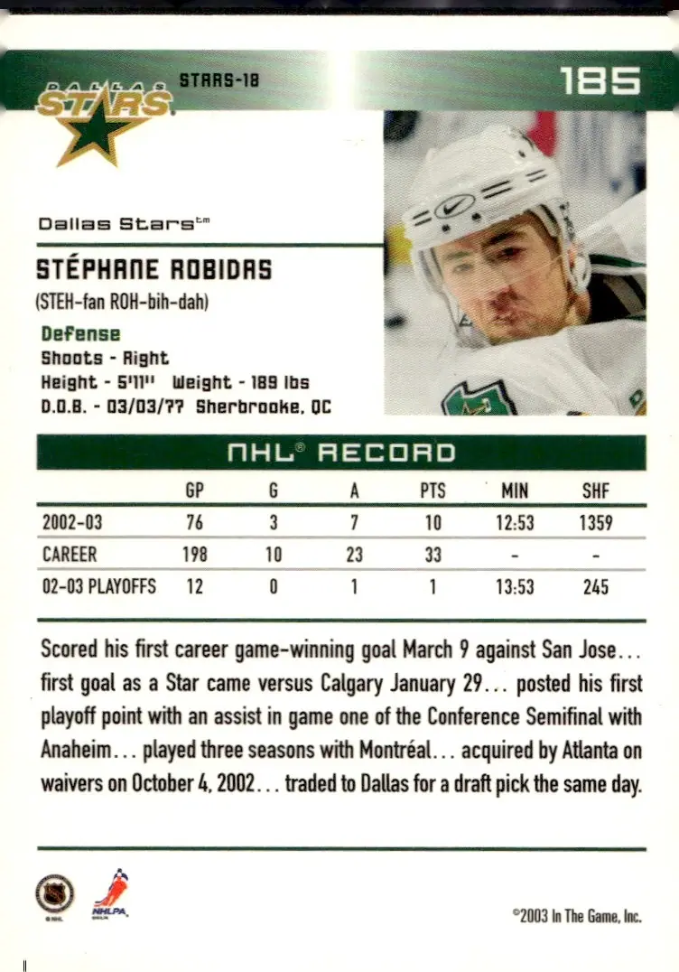 2003-04 In The Game Action #185 Stéphane Robidas (back)