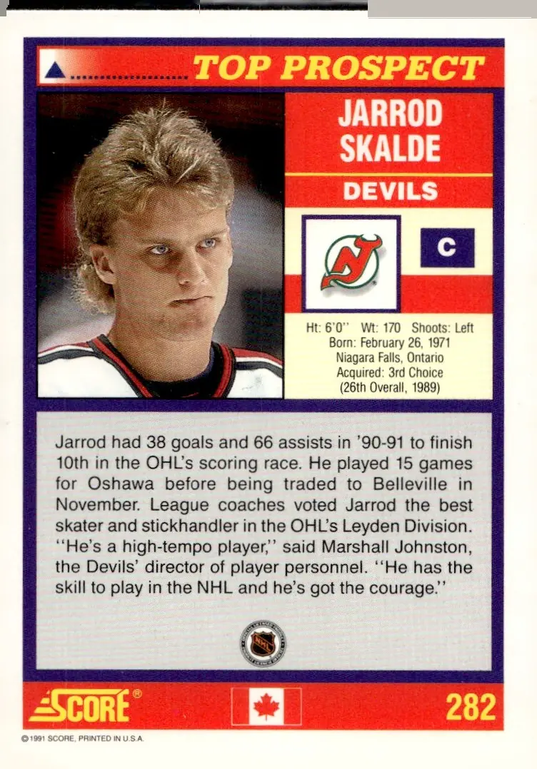1991-92 Score Canadian (English) #282 Jarrod Skalde (back)