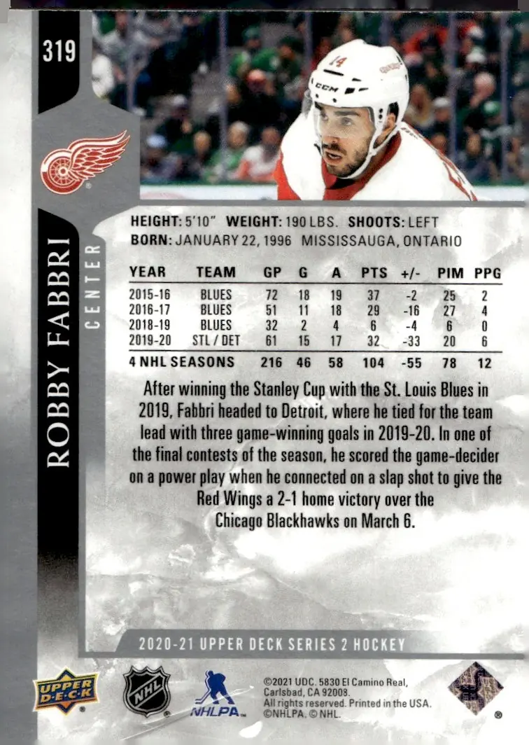 2020-21 Upper Deck Series 2 #319 Robby Fabbri (back)