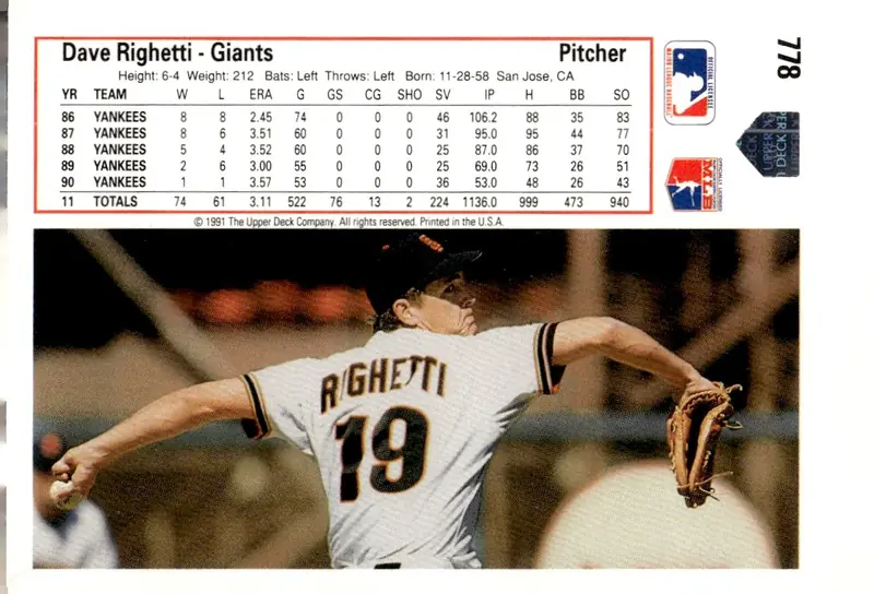 1991 Upper Deck #778 Dave Righetti (back)