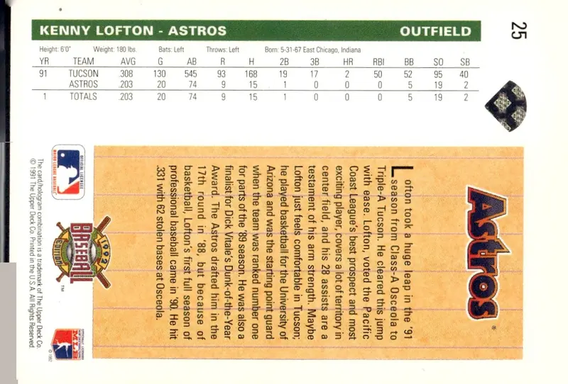 1992 Upper Deck #25 Kenny Lofton (back)