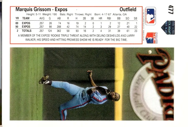 1991 Upper Deck #477 Marquis Grissom (back)